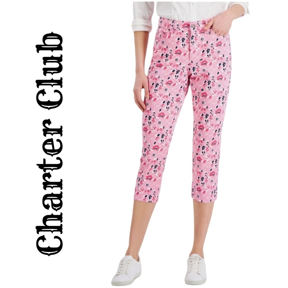 Charter Club Tummy Control Bristol Capri Jeans Pink Multi Sz 4 NWOT